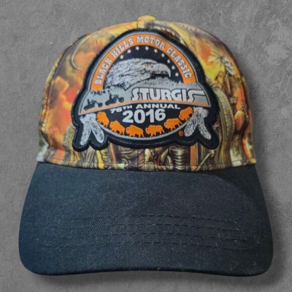 Y2K Sturgis All over print Biker Hat With Skull Hot Leather - Picture 2 of 8